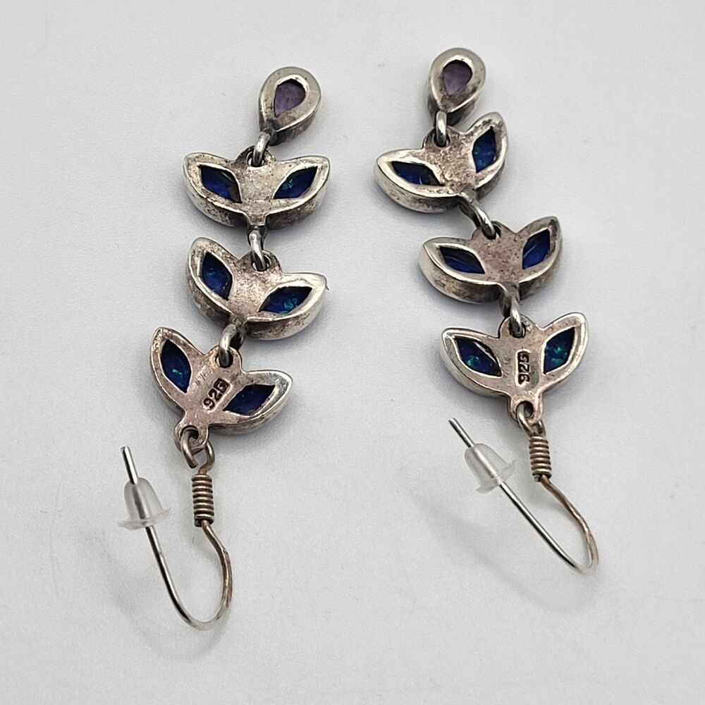 Artisan Sterling Silver Opal Amethyst Leaf Cluster Dangle Drop Earrings 2.5in - Picture 4 of 6